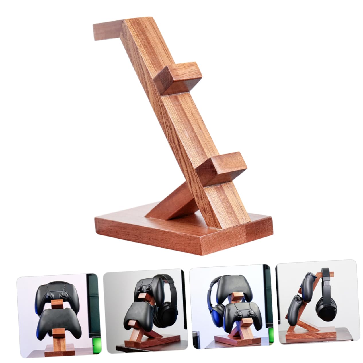 Veemoon Soporte para Mandos de Juegos y Auriculares de Madera Marrón, Organizador Portátil Diseño Simple para Área de Entretenimiento Gaming