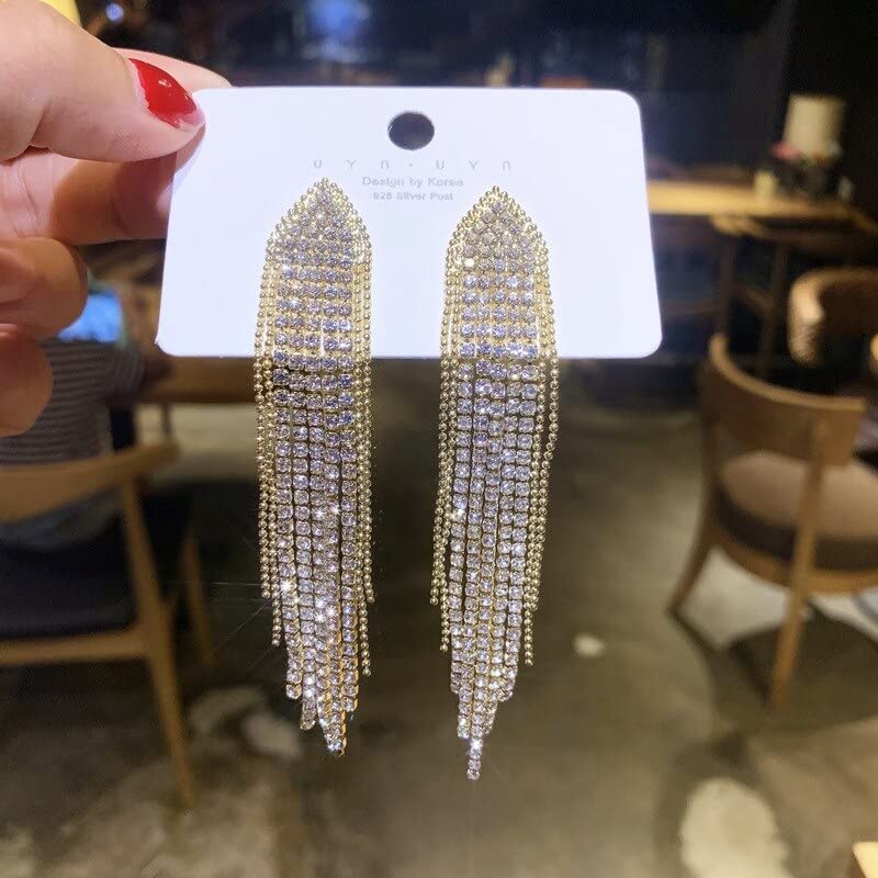 Sterling Silber Lange Dangle Ohrringe für Frauen Schmuck Bling Strass Tassel