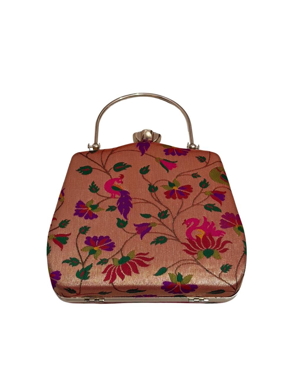 Vintage-Style Curved Silk Handbag | Traditional Indian Bird Motif Wedding Purse with Metallic Ring Handle-image-43