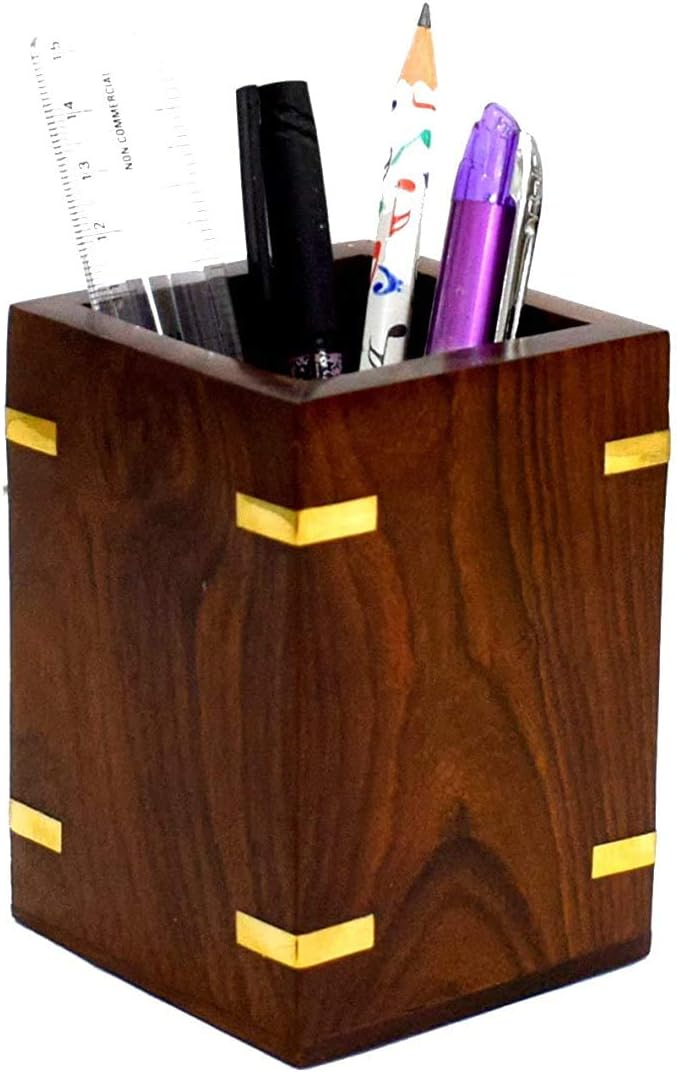 4"inch X3" inch Wooden Square Pen Holder/Pen Pencil Stand Multi Purpose Desk Organizer Rosewood with attractive Brass Work
