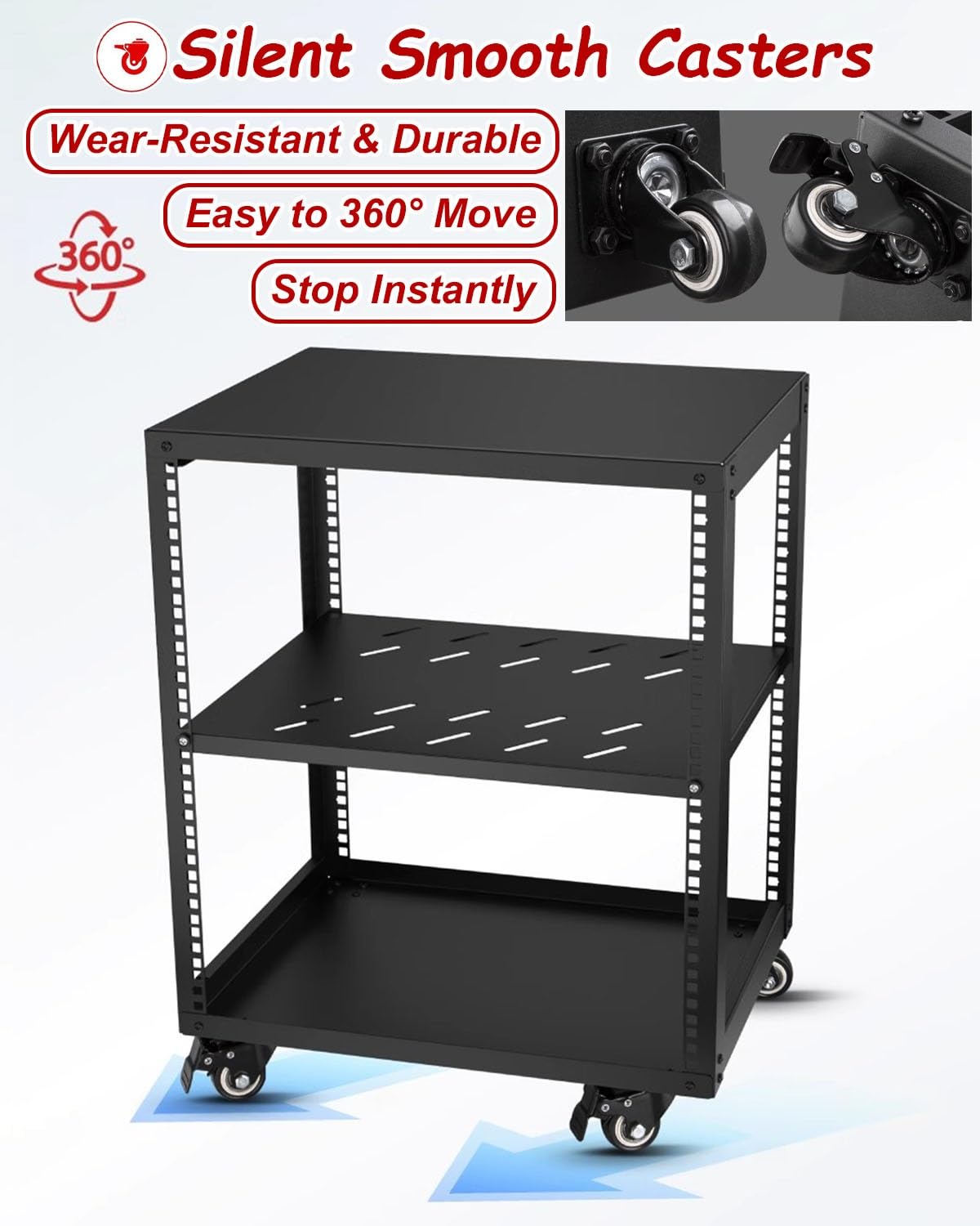 Vibeo Rack di Rete a Telaio Aperto Rack per Server Ventilato con Ripiani e 4 Ruote, Rack di Rete a Telaio Aperto 12U 16U 20U, Sistema Rack Audio per Apparecchiature di Rete da 48 cm(12U,2 Tier)