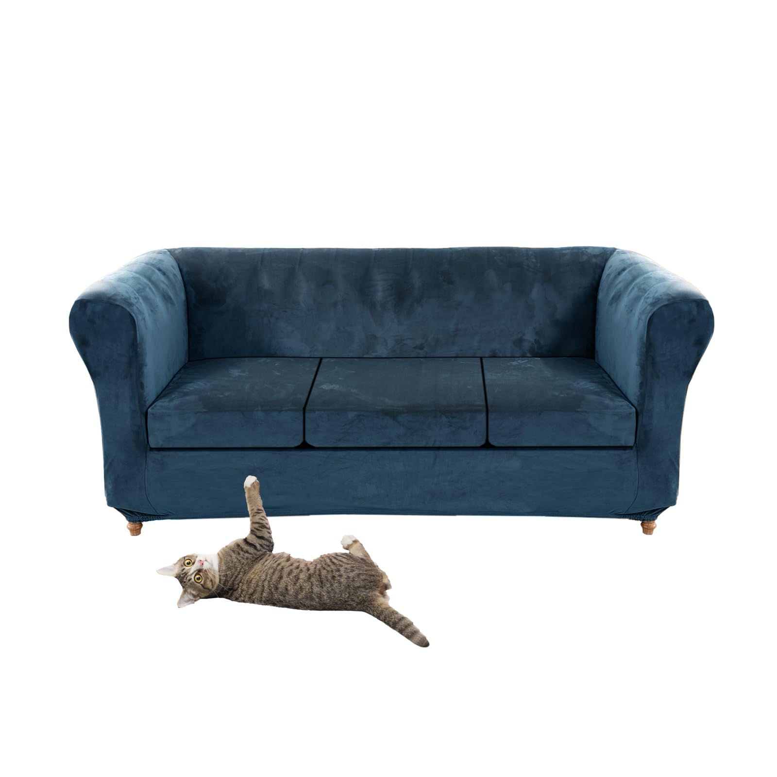 SYLC Stretch Samt Chesterfield Sofabezüge, Couch Abdeckung Mit Sitzkissenbezug Sofa Überwürfe Für Gebogene Settee Sessel Vintage Style (Blue,Sofa+3 Small Seats)