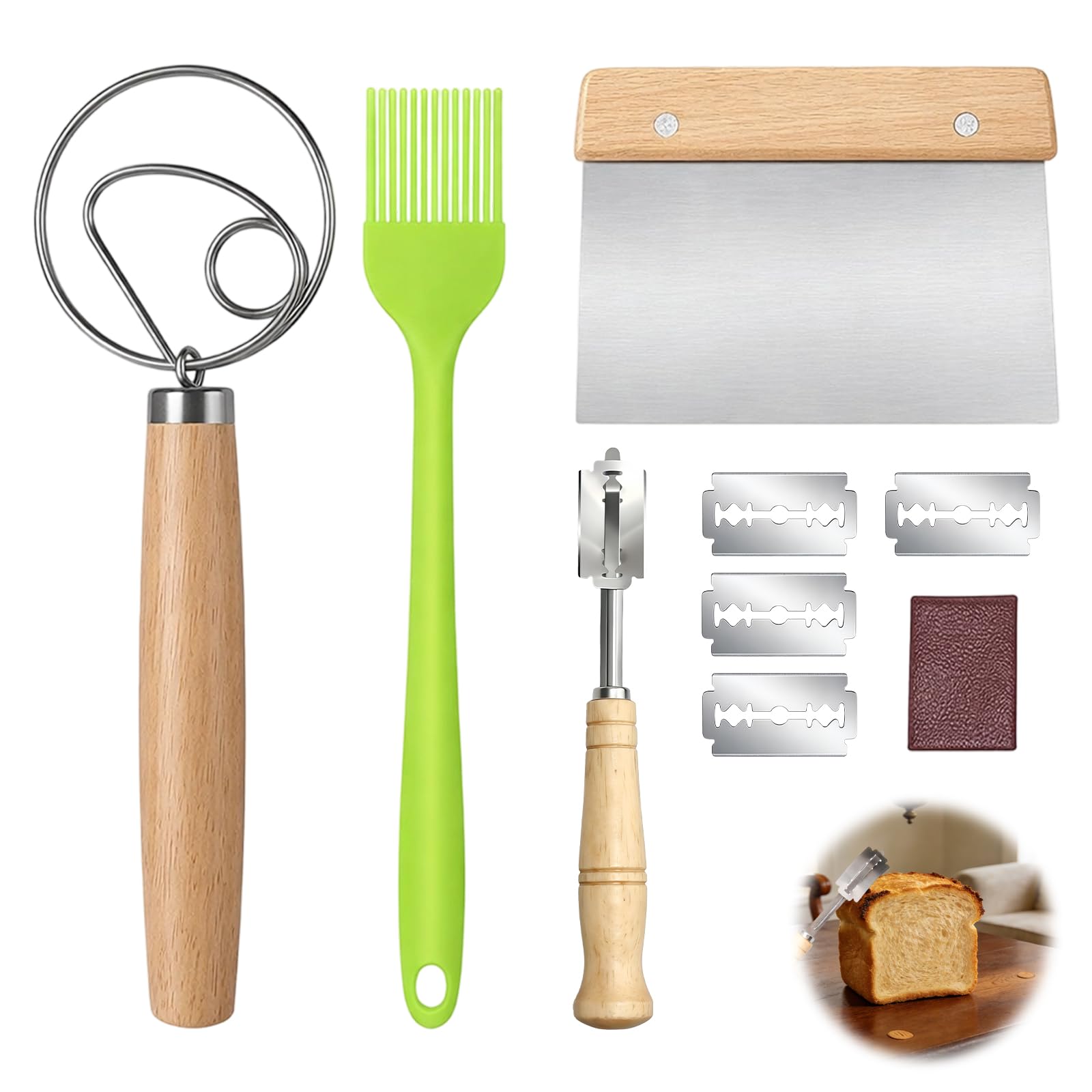 VBK Bread Baking Tools Set, Sourdough Baking Accessories Dough Whisk, Linen Liner Cloth Dough Scraper, Bread Lame Blade for Home Professional Bakers