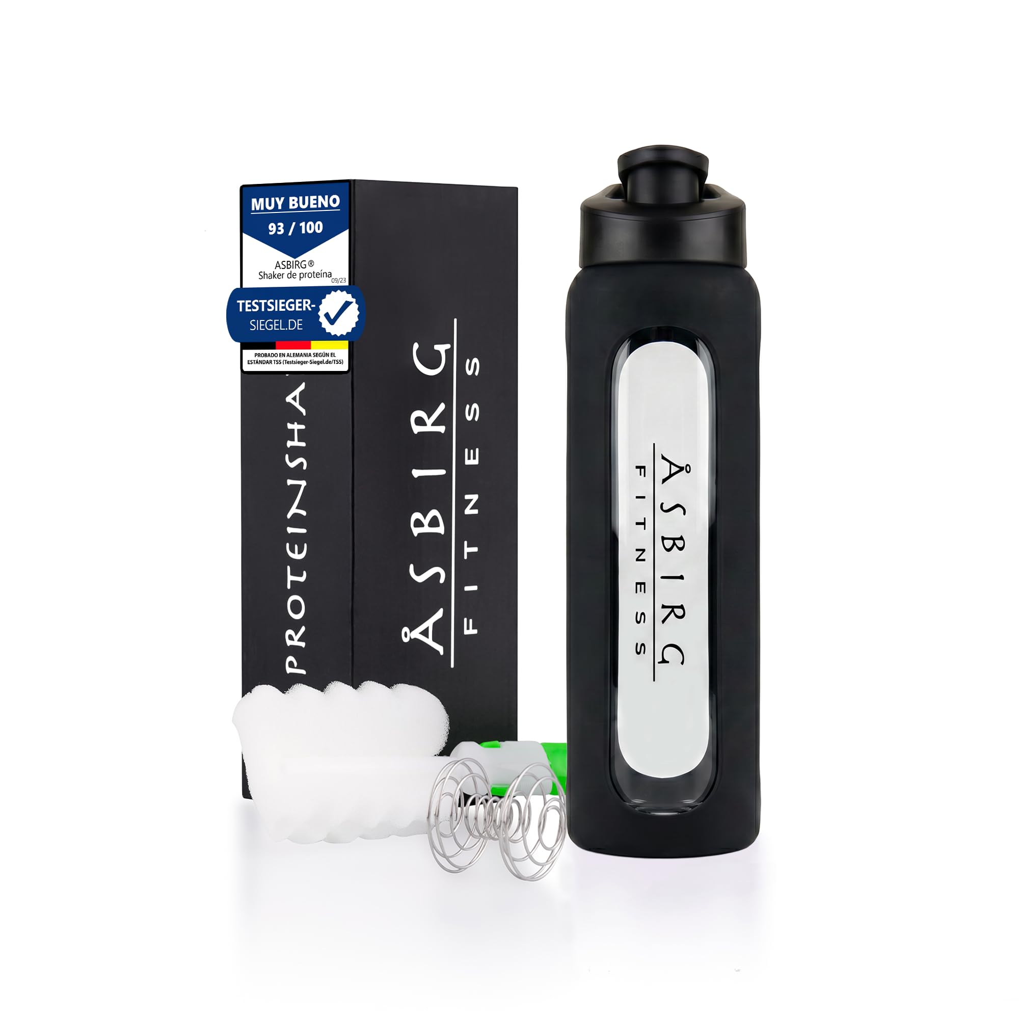 Coctelera de cristal de 1000 ml, sin BPA, a prueba de fugas y resistente, con bola mixta de vidrio de borosilicato, botella para fitness y deportes, color negro
