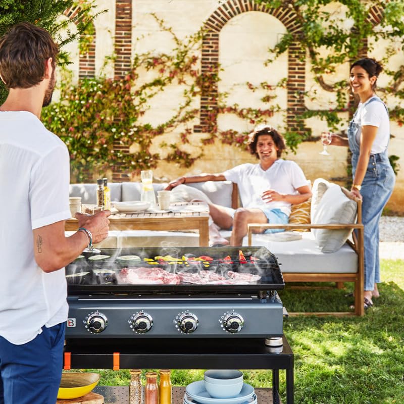 BRASERO BY FAVEX – Plancha gaz Silvia IIG Gun Metal 4 feux – 7,5 kW – Plaque acier émaillé 5 mm – 84 x 34 cm – Jusqu'à 12 convives – Housse incluse
