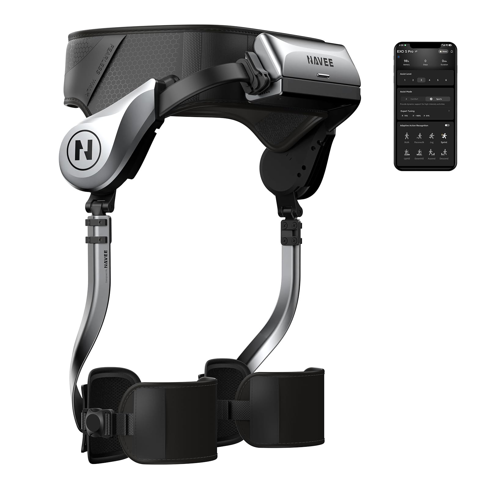 NAVEE EXO S Pro Exosquelette Électrique Marche AI, 960W Puissance Crête, 1,8 kg Ultra-Léger, 40,000 Pas d'autonomie, 10 Modes Intelligents, IP54, pour Randonnée, Montée d'Escaliers&Quotidien