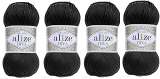 Hand Knitting Yarn 100% Microfiber Acrylic Yarn Alize Diva Silk Effect Thread Crochet Art Lace Craft Lot of 4 skeins 400gr 1532yds Color (60 Black)