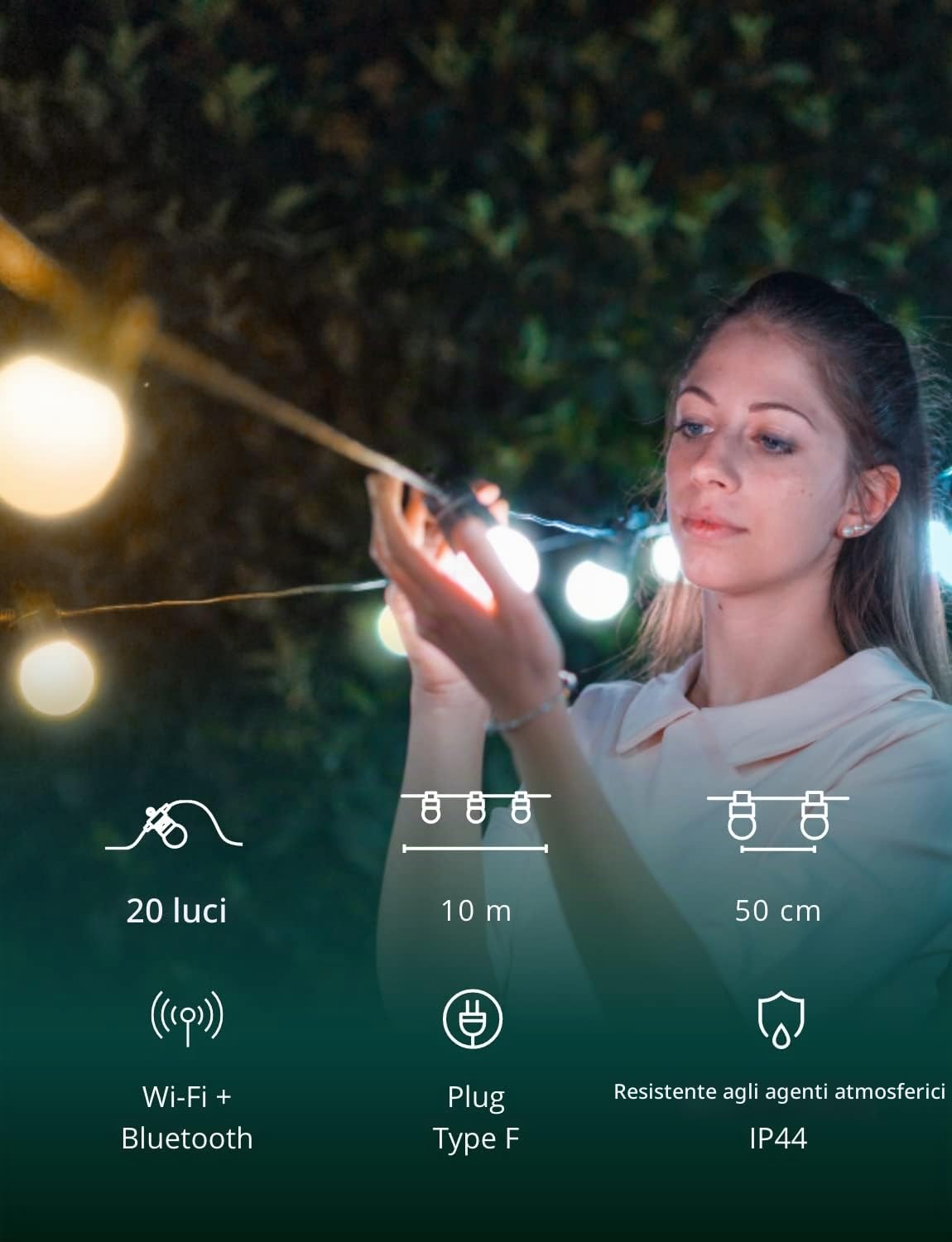 Twinkly Festoon 20 LED Bianchi, Catena Luminosa con 20 Lampadine LED, Luci Esterno e Interno da Bianco Caldo a Freddo, Compatibile con Alexa, Google Home, IP44, Controllata da App, Cavo Nero, 10m