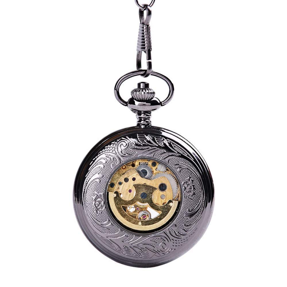 Desconocido Reloj de Bolsillo, Cadena Gruesa Negra Grande Tallada Encaje Ahuecado Reloj de Bolsillo clásico mecánico Luminoso