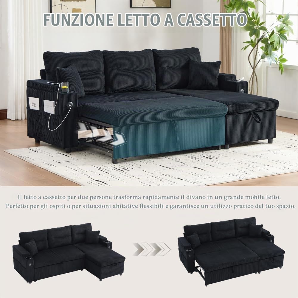 Lubvtti Divano letto 3 posti con portabicchieri,porte USB,contenitore integrato, divano 3 posti moderno in velluto a coste,divano angolare a L con chaise longue (Nero + 3 posti)