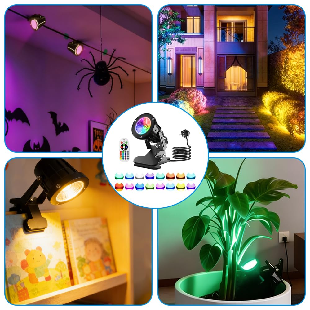 Foco LED de Pinza, 6W con Mando a Distancia & Interruptor Impermeable, Cable 3m & Enchufe EU, IP65 Resistente al Agua, Iluminación Interior Exterior Jardín Terraza, 15 Luz RGB + Luz Cálida