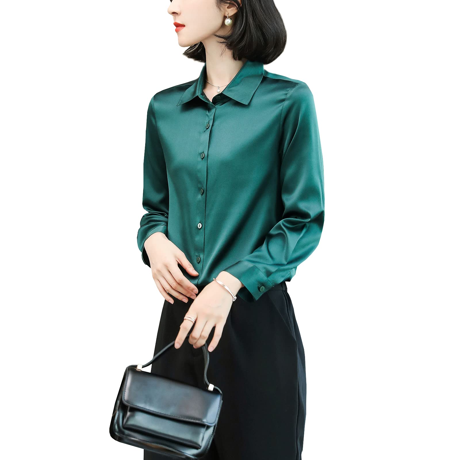 Valin Blusa de seda para mujer Camisa Sólido Botón Abajo Camisas Blusa de Mujer Manga Larga Solapa Blusa de Seda,S9098