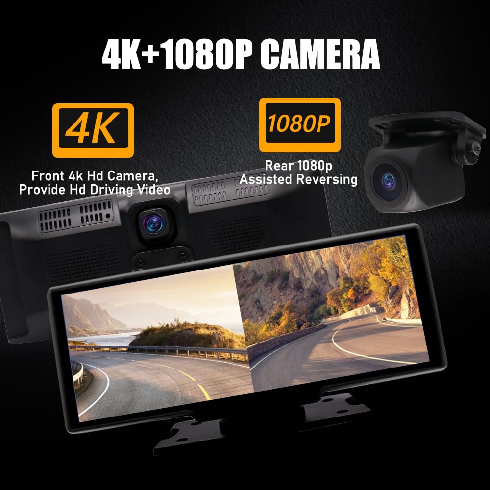 Apple CarPlay & Android Auto przenośne radio samochodowe, Bluetooth z kamerą na deskę rozdzielczą 4K z przodu, ekran dotykowy HD 10,26", rejestrator samochodowy, kamera cofania 1080p, powtarzanie