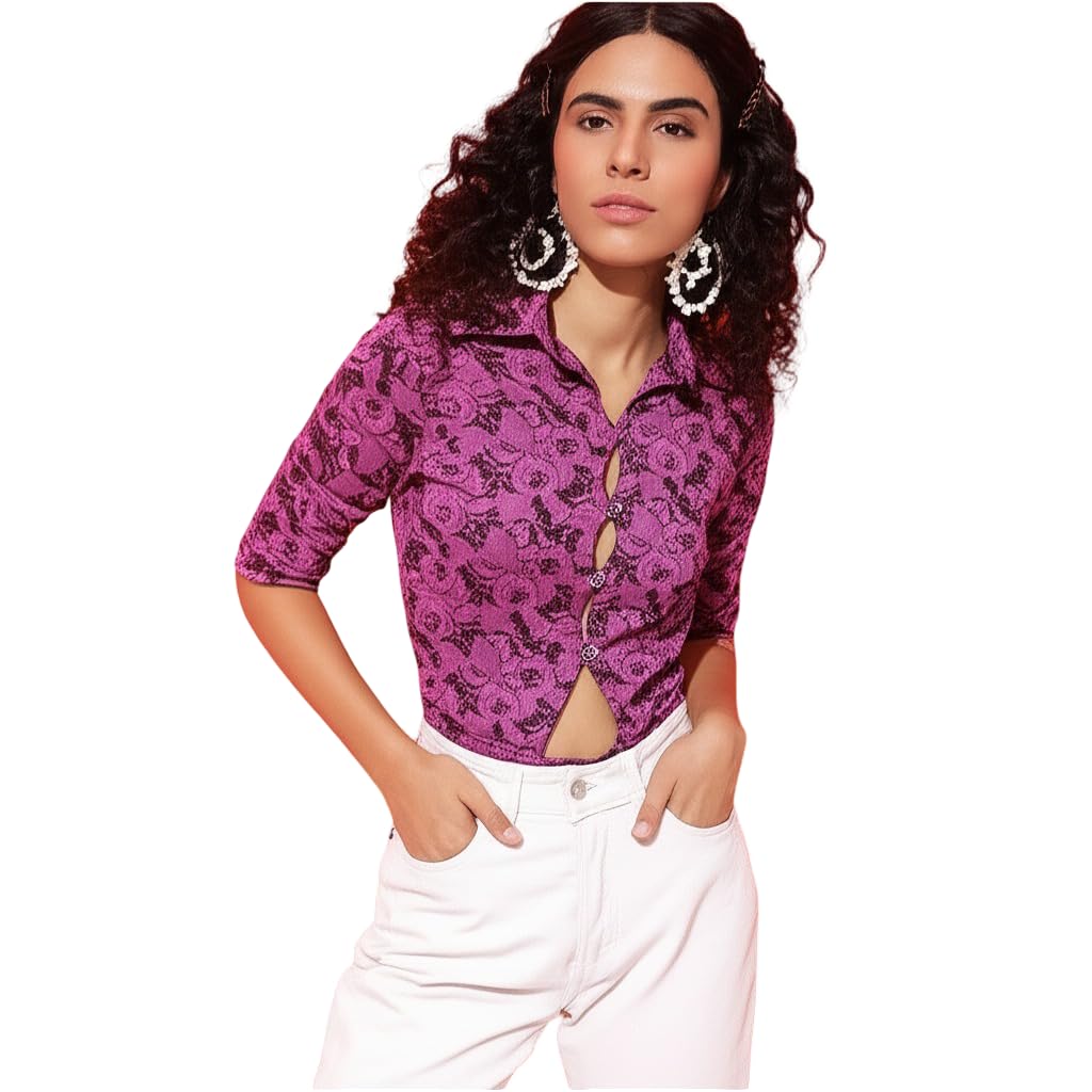 Women’s Printed Collared Crop Top – Half Sleeve Front Button Down Stylish Blouse – Trendy Slim Fit Casual Shirt Top for Girls, Office, Clubwear & Daily Fashion