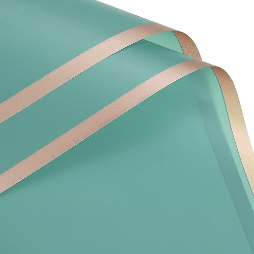 MECCANIXITY 10 piezas de papel de regalo de flores con borde dorado, turquesa, 22.8 x 22.8 pulgadas, impermeable, para suministros de ramo de