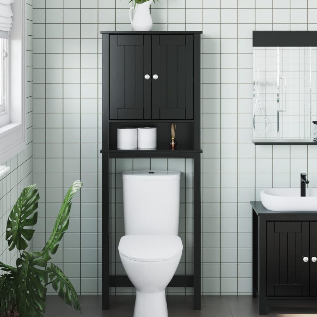 SYDE Mobile per WC Berg in legno massello, nero, 60 x 27 x 164,5 cm | 3 ripiani, pino naturale, resistente all'acqua, salvaspazio in piccoli bagni