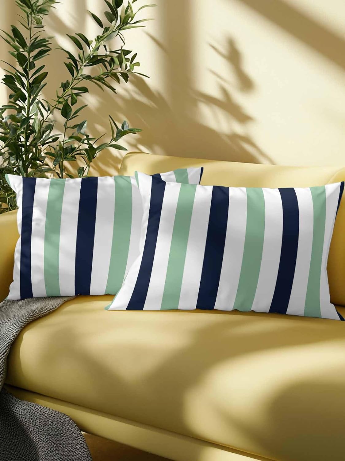 Outdoor Throw Pillow Set of 2, Light Green Navy Blue Striped Waterproof Pillow with Insert Included, Farmhouse Stripe Art Decorative Accent Cushion Lumbar Pillows for Patio Porch, 12 x 20 in