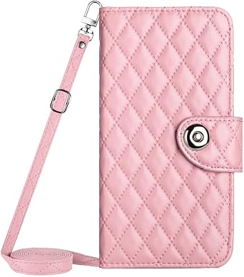 Crossbody Bags for iPhone 12 Pro,PU Leather Wallet Kickstand Flip Strap Wristlet Hand Rope Cards Slots Case for iPhone 12 Pro,Pink