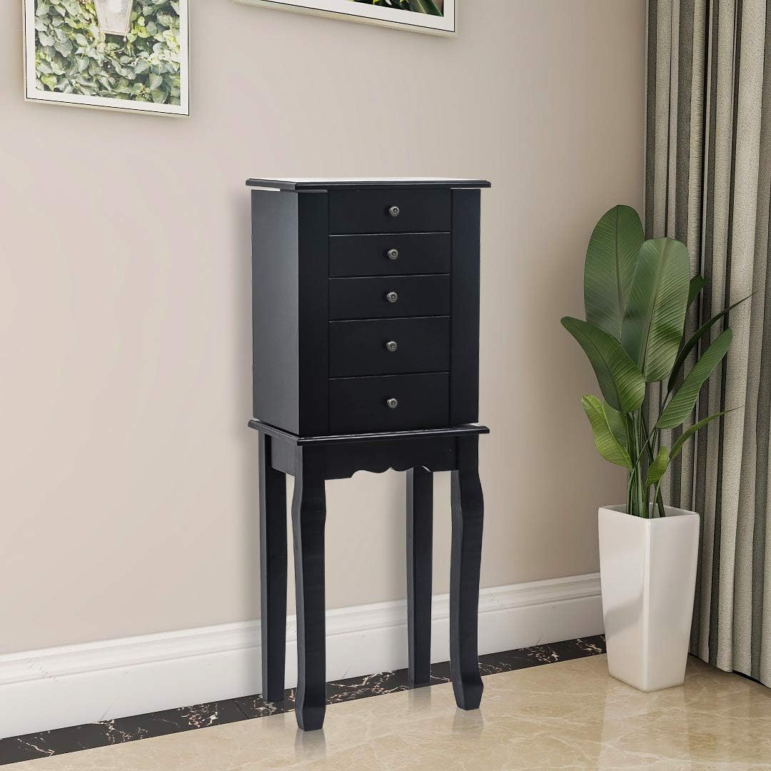 Jewelry Cabinet Armoire Storage Chest with Flip Top Mirror,4 Drawers,Makeup Display Jewelry Box Stand Up Accent Furniture Bedroom Armoires (Black)