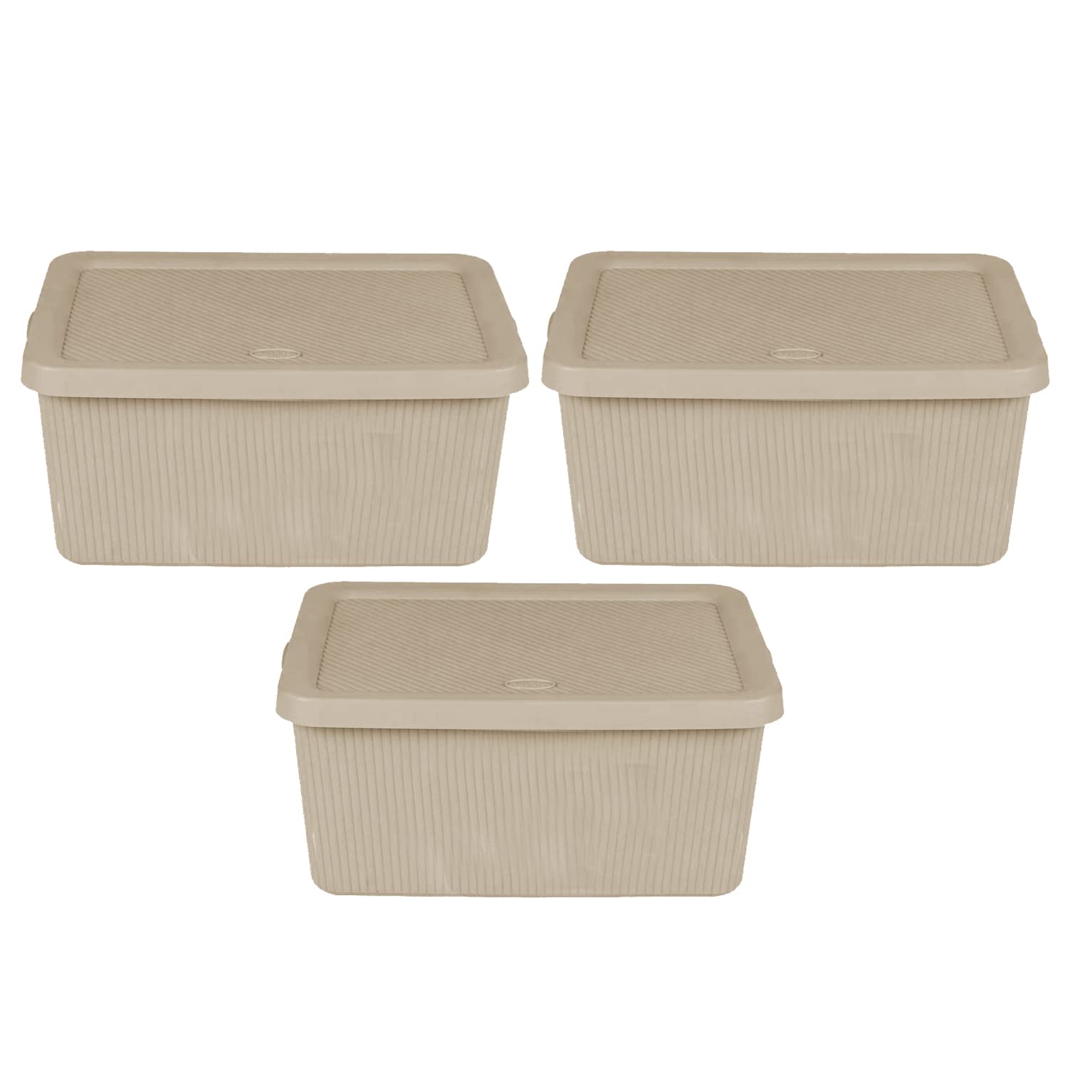 M1ss Beige Set Of 3- Small 7L Litre Plastic Knitted Storage Basket With Lid, Storage Box Stackable Organiser Lidded Bin Box Small Rib Box For Nursery, Kids, Closet, Shelf, Shelves And Bathroom Storage (Beige)