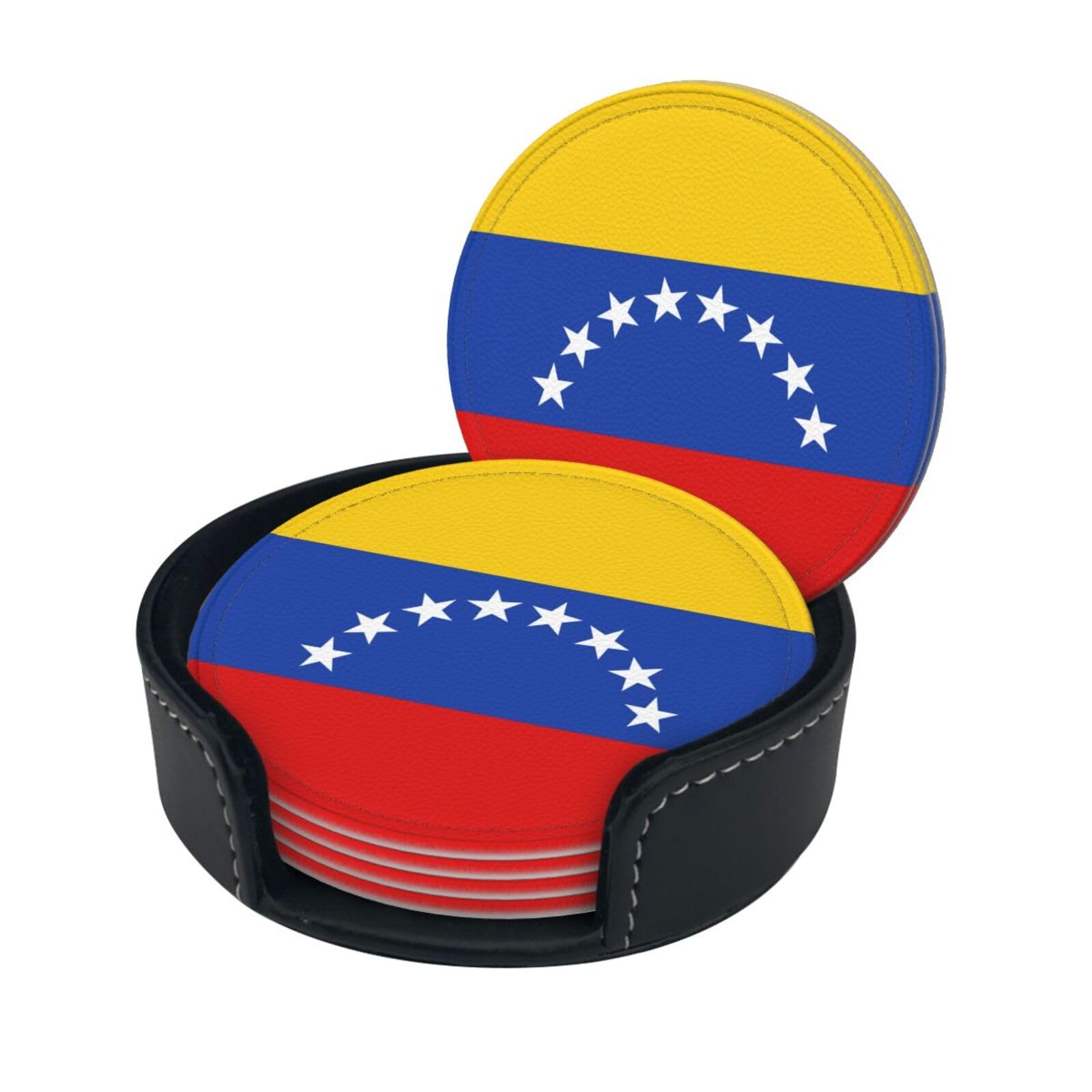 Flag of Venezuela Drink Coasters Set of 6 with Holder Decorative Round Cup Coasters for Coffee Table Kitchen Office Bar
