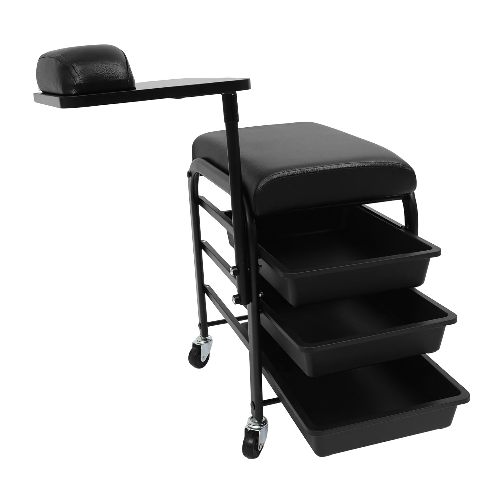 Carro de uñas de salón de belleza, spa portátil con 3 cajones, capacidad de carga de 75 kg, con toallero suave, para salón de uñas, cosméticos, 38 x 30 x 50 cm, negro