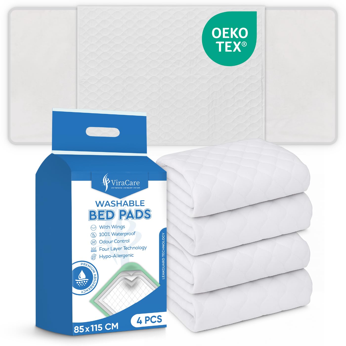 Viracare White 2 X Washable Incontinence Bed Pads With Tucks/Flaps | 85 X 115 Cm | Incontinence Bed Sheets | Suitable For Double Bed | Reusable & | Absorbent Pads | (2)