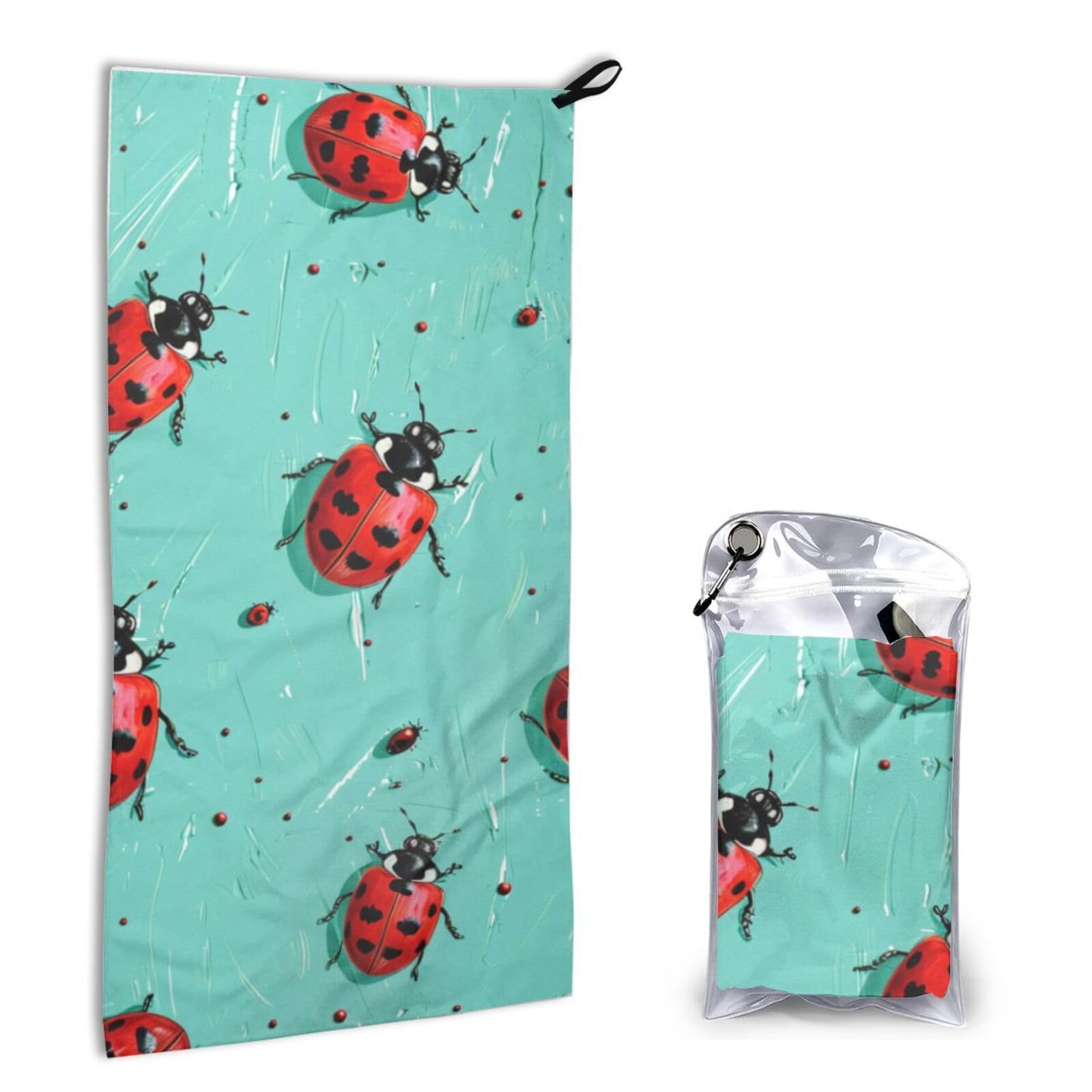 BWWHCCTI Quick Dry Hand Towel With Bag - Red Ladybugs On A Blue Background Printed Super Absorbent Face Cloth Microfiber Travel Sports Towels 40x80cm