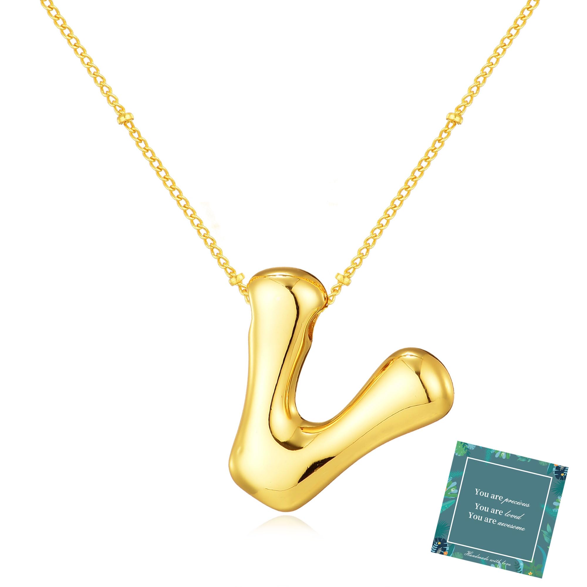 Moiegouct 14K Gold Plated Bubble Letter Necklace 3D Initial Pendant with Beaded Chain Personalized Name Jewelry for Women