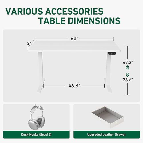 Miniatura 3 de FEZIBO Escritorio eléctrico de altura ajustable con cajón tablero de 63 x 24 pulgadas marco blancoparte superior blanca