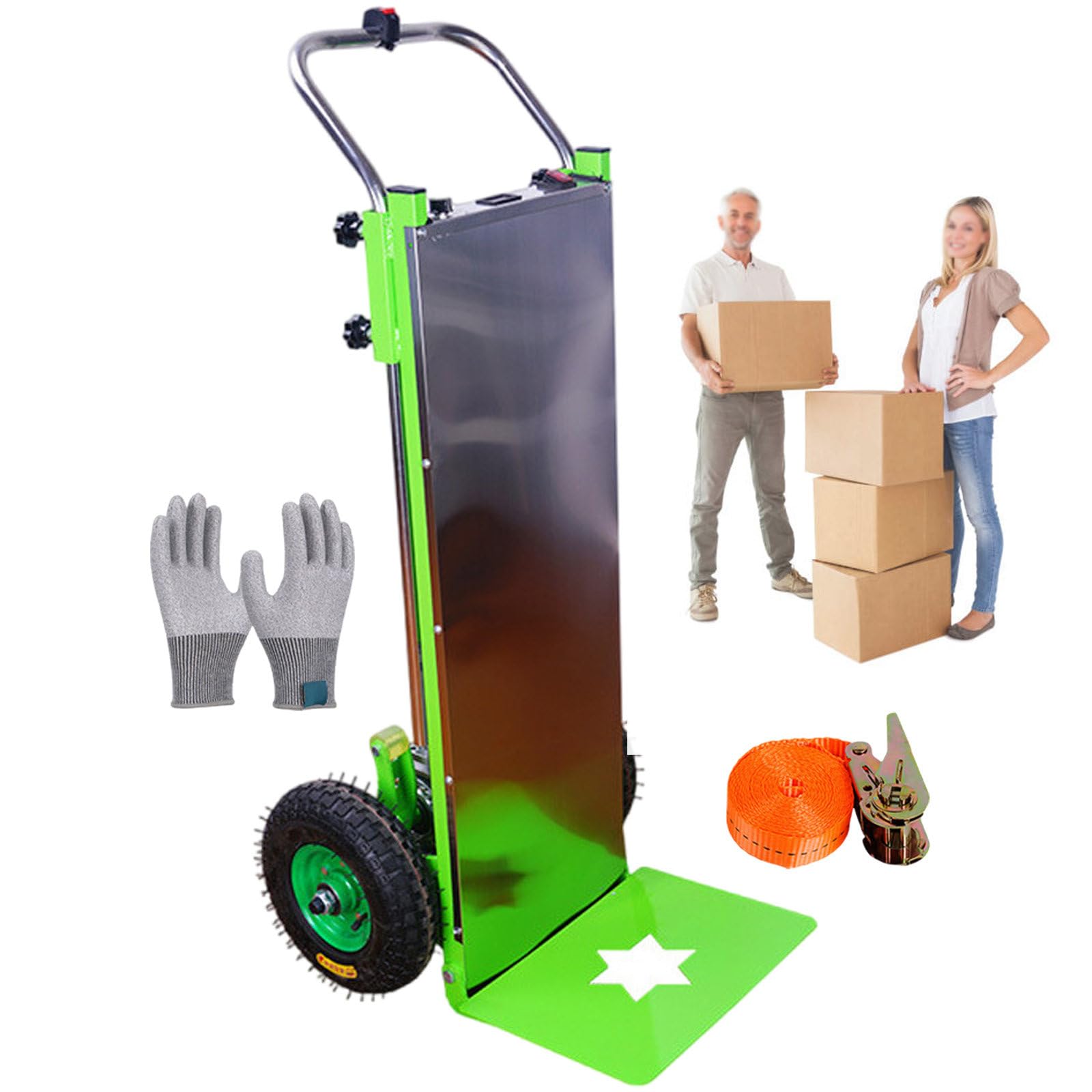Carrello elettrico per salire le scale con braccio di supporto a forma di S, carico massimo 400 kg, design pieghevole per logistica e magazzino