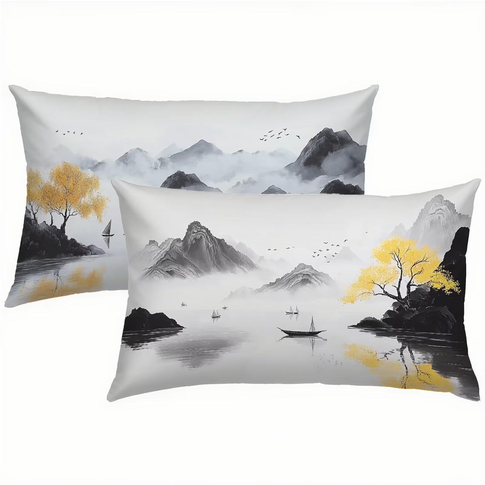 Paysage Taies d'oreiller 70 x 90 Housse Coussin Velours Lot de 2, Taie Oreiller Gris Housse de Coussin Impermeable pour Salon Lit Jardin, Douce Respirante avec Fermeture Éclair Invisible S6-681