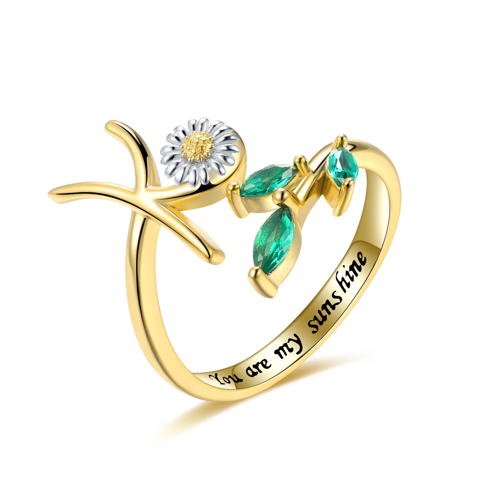 HUAIYUAdjustable Daisy Letter K Rings for Women - 925 Sterling Silver 18K Gold Daisy Flower with Leaf Letter K Ring for Women, You Are My Sunshine Ring with Letters K Jewelry
