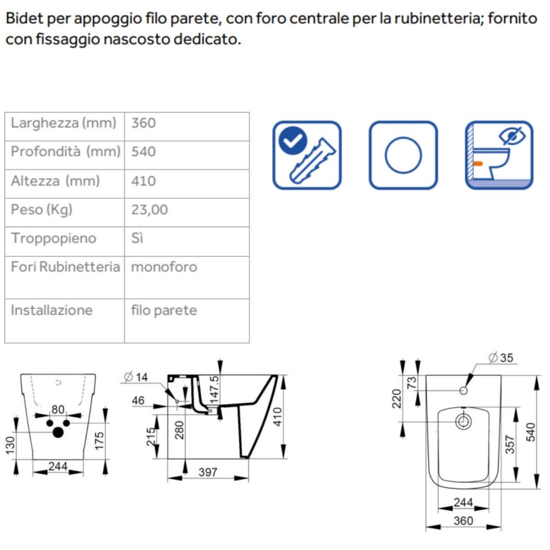 Bidé filomuro de cerámica blanca con fijaciones ocultas 36 x 54 cm – Mia | Cerámica Dolomita