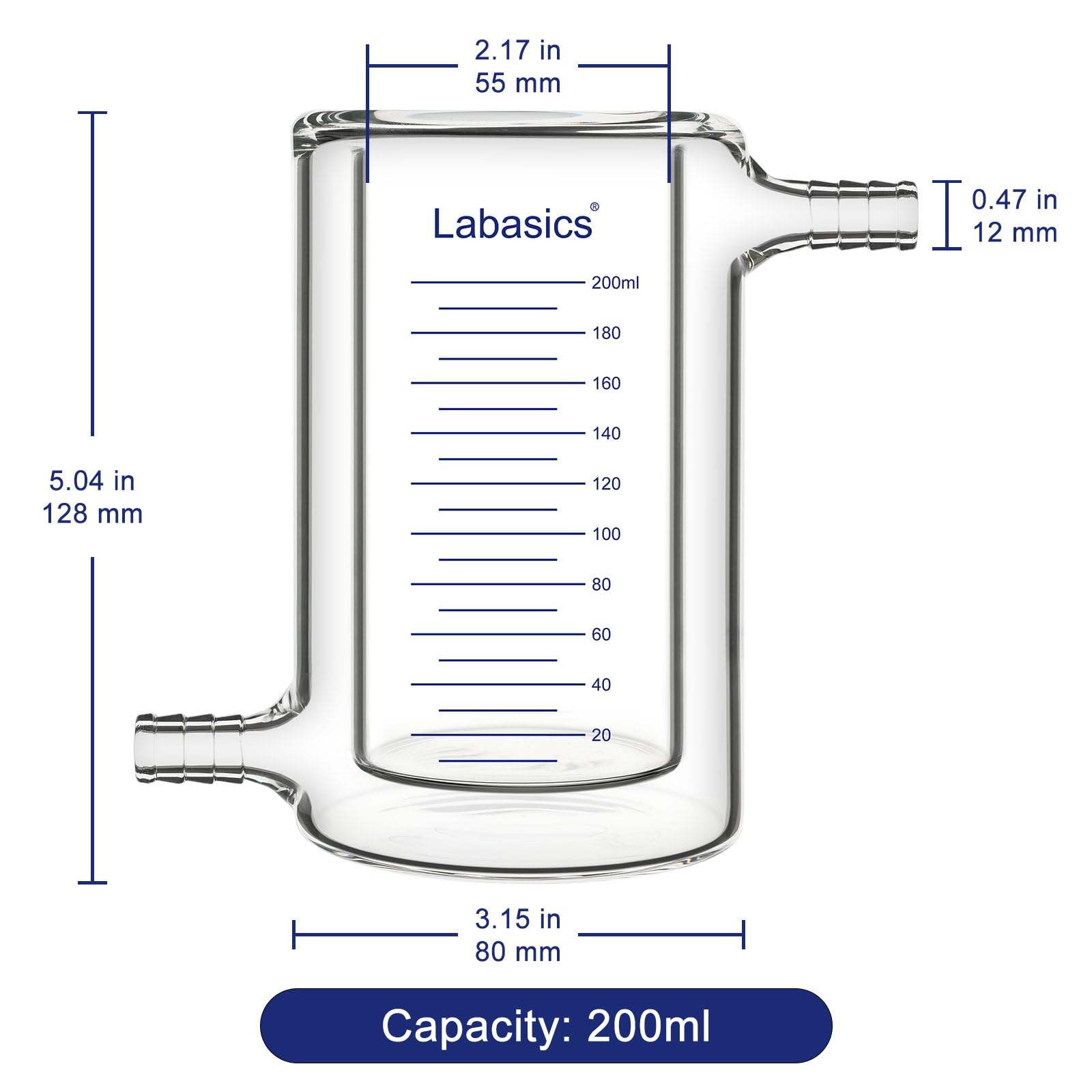 Labasics Becher con Giacca, Realizzato in Vetro Borosilicato di Alta, Vetro da Laboratorio Doppio Strato per Controllo Termico e Reazioni Chimiche, 200 ml