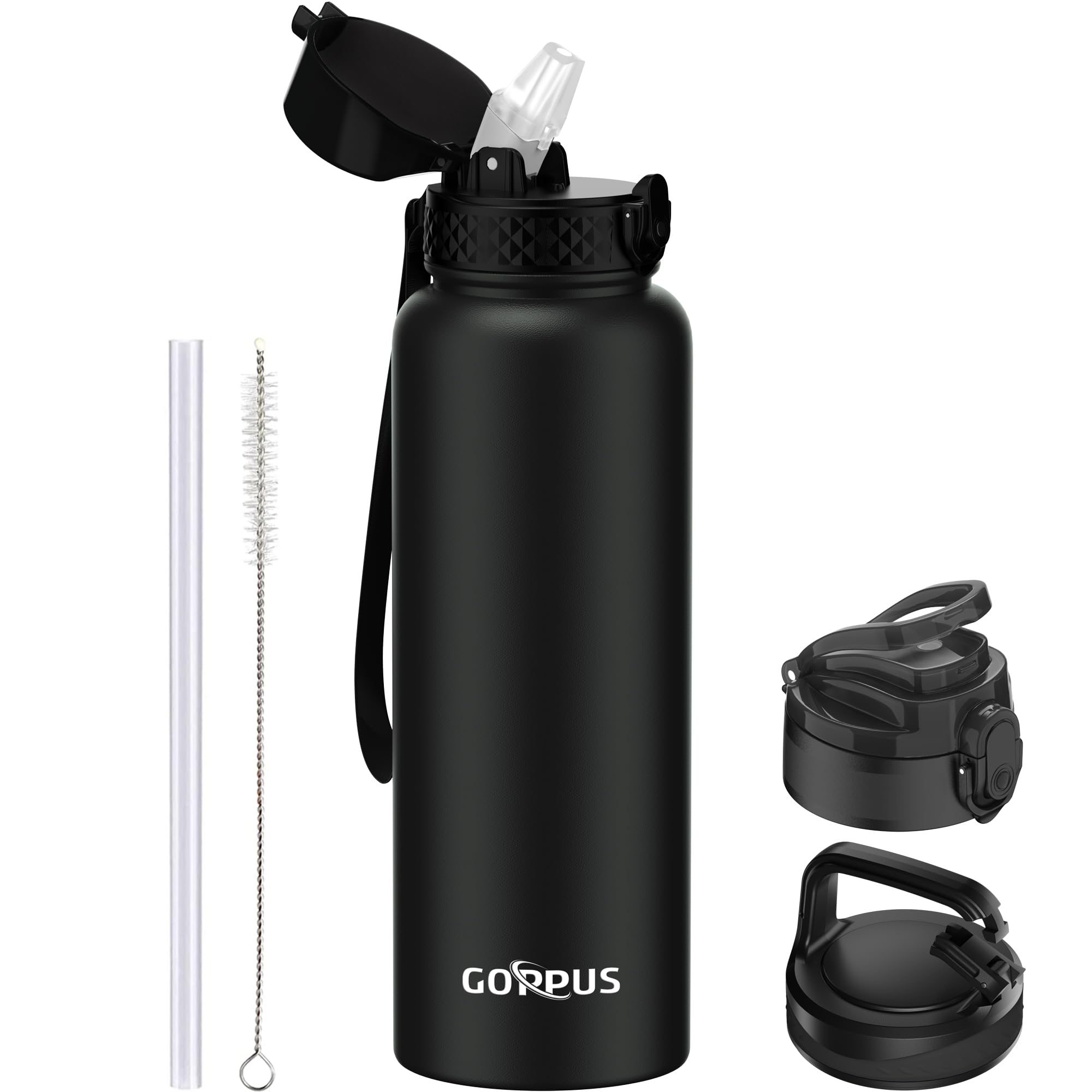GOPPUS1.2L/40oz Stainless Water Bottle with Straw Double Wall Insulated Bottles with Strap Large Vacuum Thermal Flask Leakproof Keep Cold Drinks Bottles with Flip Top Lid for Men Women BPA Free