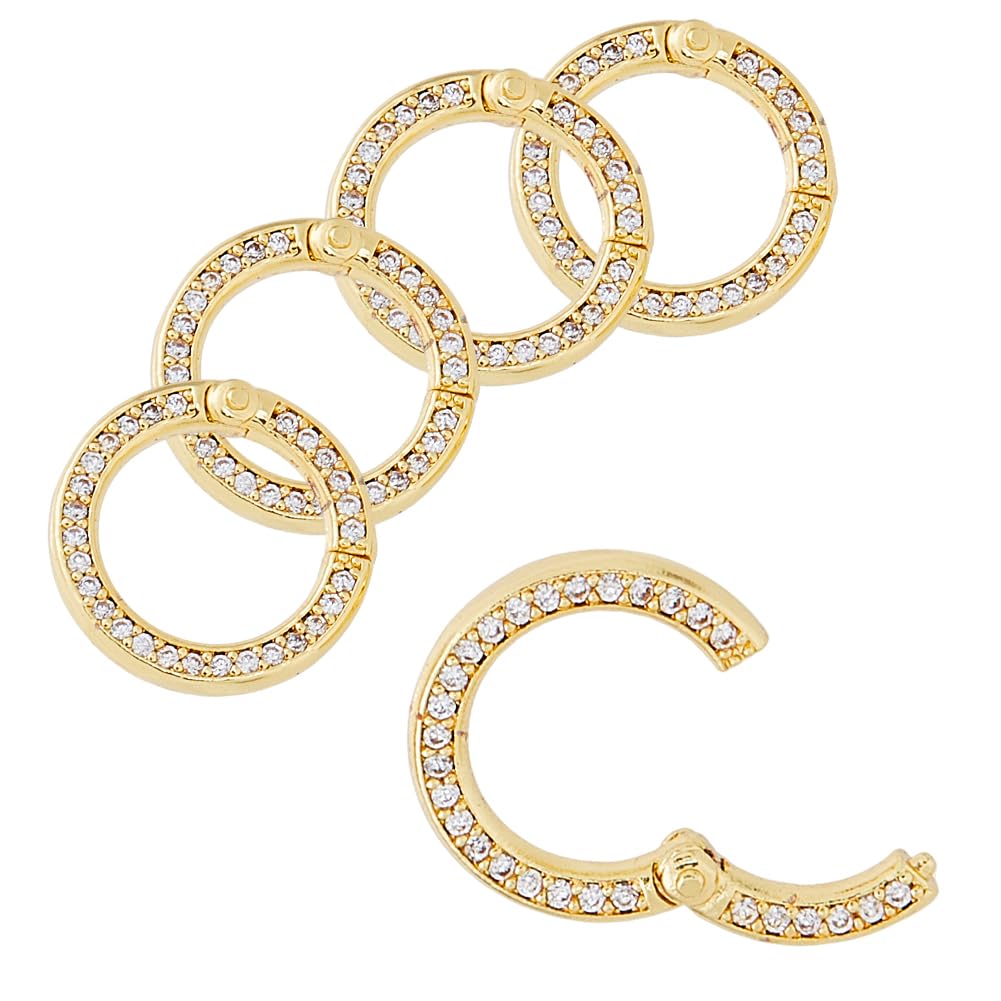 Hobbspring 5pcs Round Carabiner Snap Clip Buckle 18K Gold Plated Keychain Buckle Gate Rings 15.5mm Metal Rhinestone Spring O Rings for DIY Women Handbag Purse Strap Jewelery Making