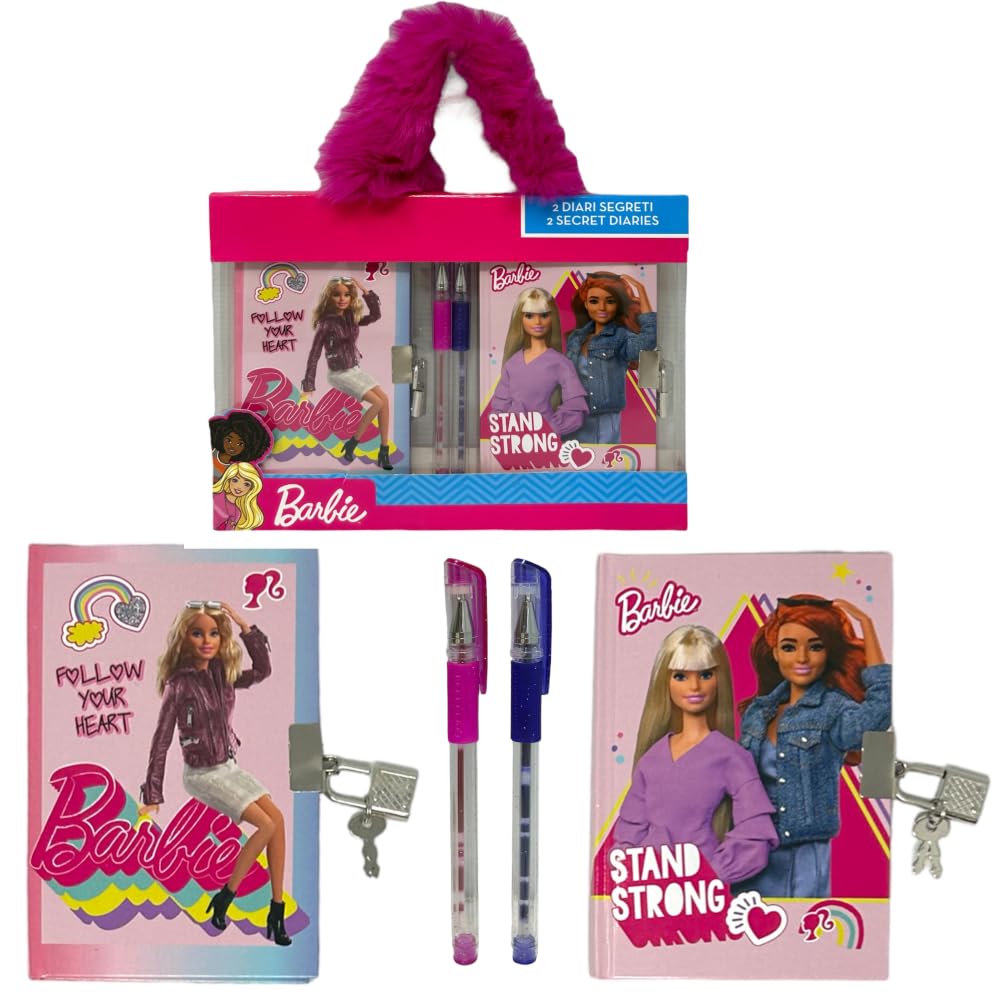 CARTOON Barbie Secret Diaries Set with Glitter Gel Pens for Kids 4 Pcs in PVC Box with Plush Handle