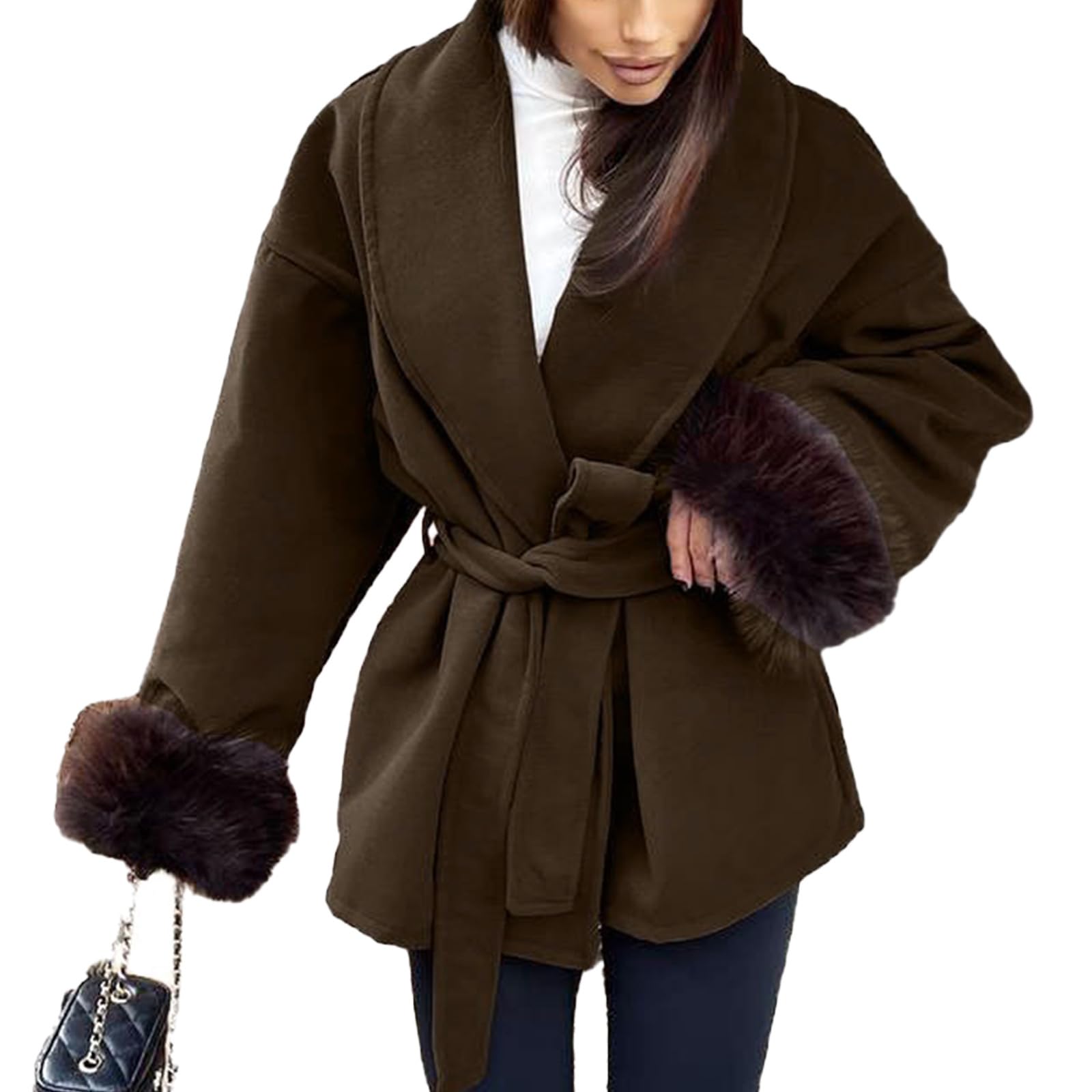 Mandonce Pea Coats for Women Faux Fur V Neck Oversized Cardigans with Belt Lapel Long Jackets Fall Winter