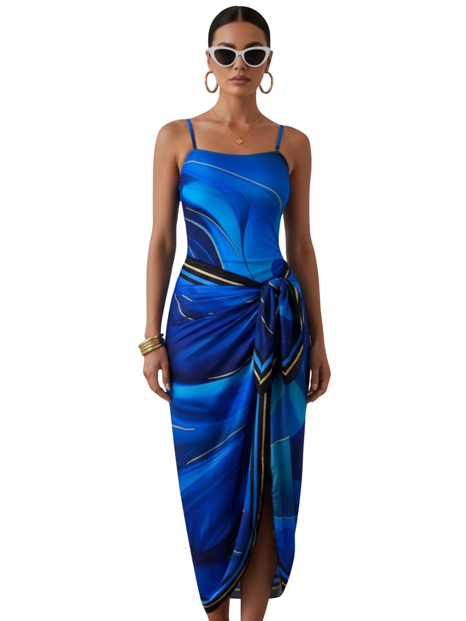Bold Blue Wrap-Detail One-Piece Swimsuit with Slit Sarong-image-46