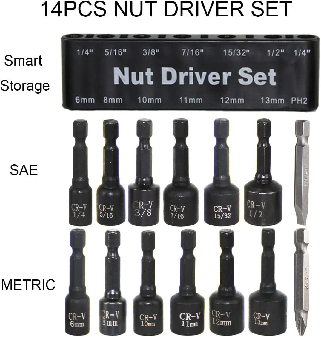MacWork 14PCS Magnetic Hex Nuts Driver Set for Impact Drill, CR-V Steel, SAE 1/4" to 15/32", Metric 6mm to 13mm, 1/4" Hex Shank Drill Bit Set Screwdriver Socket Set