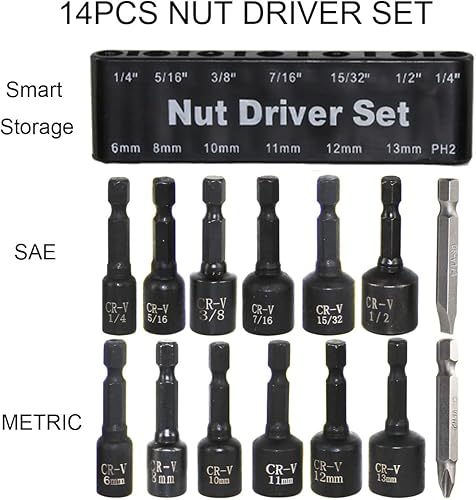 Miniatura 2 de MacWork Juego de 14 tuercas hexagonales magnéticas para taladro de impacto, acero CR-V, SAE de 1/4 a 15/32 pulgadas, métrico de 0.236 in a 0.512 in,
