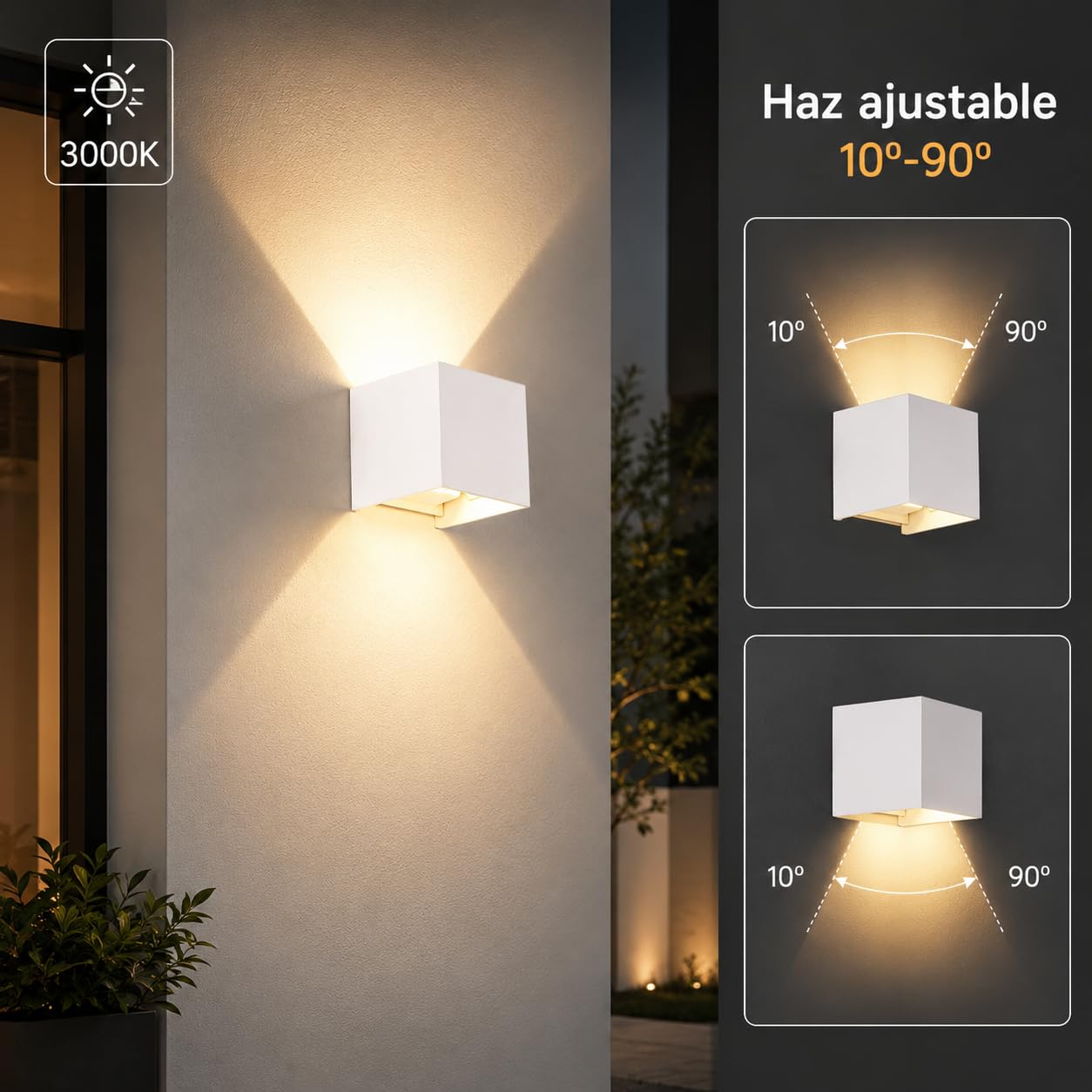 LEDME - Kinkiet ścienny Biały zewnętrzny/wewnętrzny LED 6W, 3000k Ciepłe białe, regulowane światło wiązki, IP54 Wodoodporny, idealne oświetlenie na zewnątrz, ogród, taras, patio