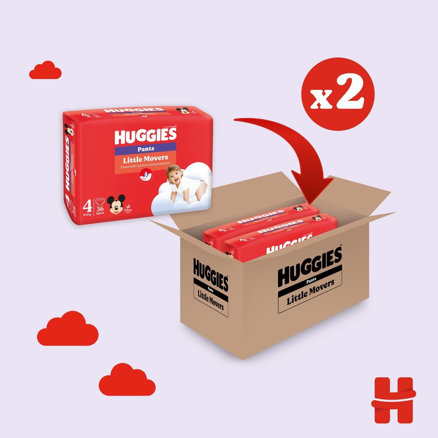 Huggies Little Movers Pannolini Mutandina Taglia 4 (9-14 Kg), Ultra assorbente, Design Disney, Pacco Scorta, 72 Pz