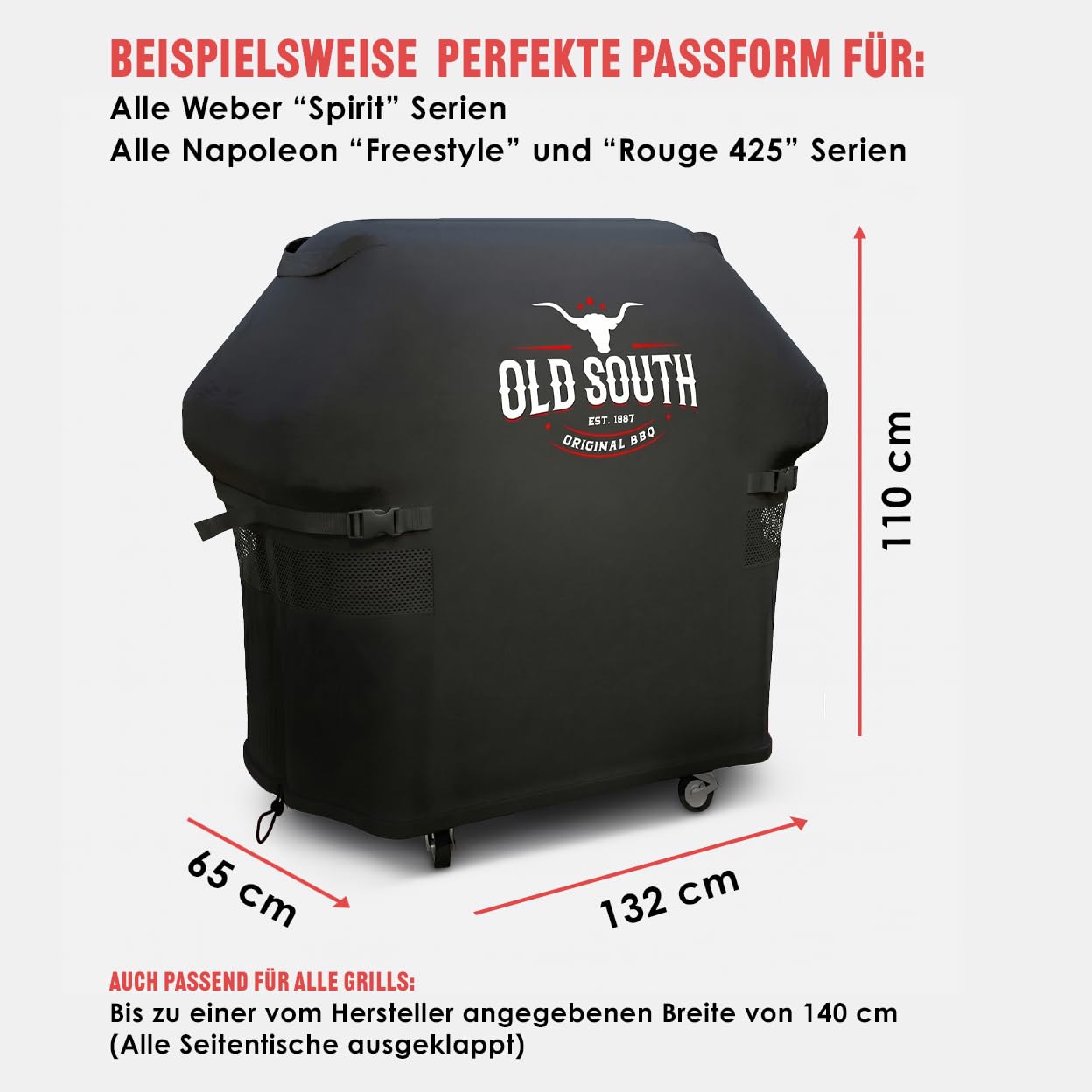 Old South - Grillabdeckung Wetterfest - Grill Abdeckhaube für Gasgrill | Für Weber, Napoleon, Enders, Rösle - Grillhaube Cover Wasserdicht (132 x 65 x 110 cm, Schwarz)