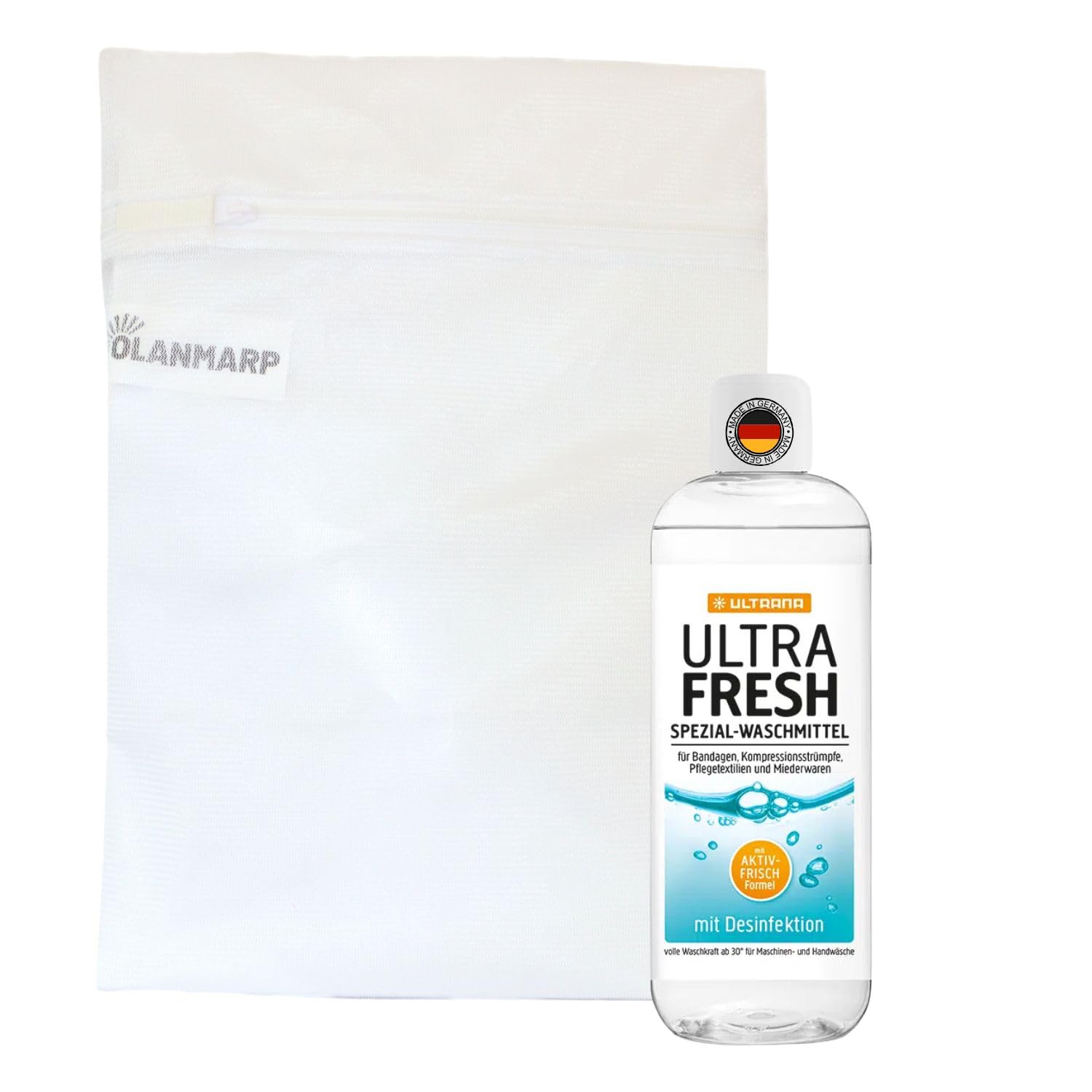 Ultrana Ultra Fresh Desinfektionswaschmittel 500 ml + Olanmarp Wäschenetz | Hygiene Waschmittel Konzentrat fuer Inkontinenzwaesche und Pflegetextilien – Made in Germany, biologisch abbaubar