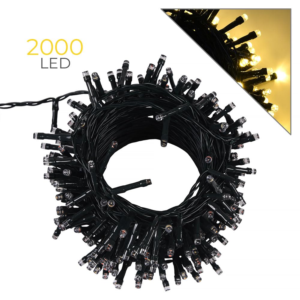 Partenopea serie stringa catena luminosa di luci 2000 LED per albero di Natale da Esterno natalizie ed Interno controller con 8 giochi di luce e Memoria cavo verde (Luce calda, 100 metri)