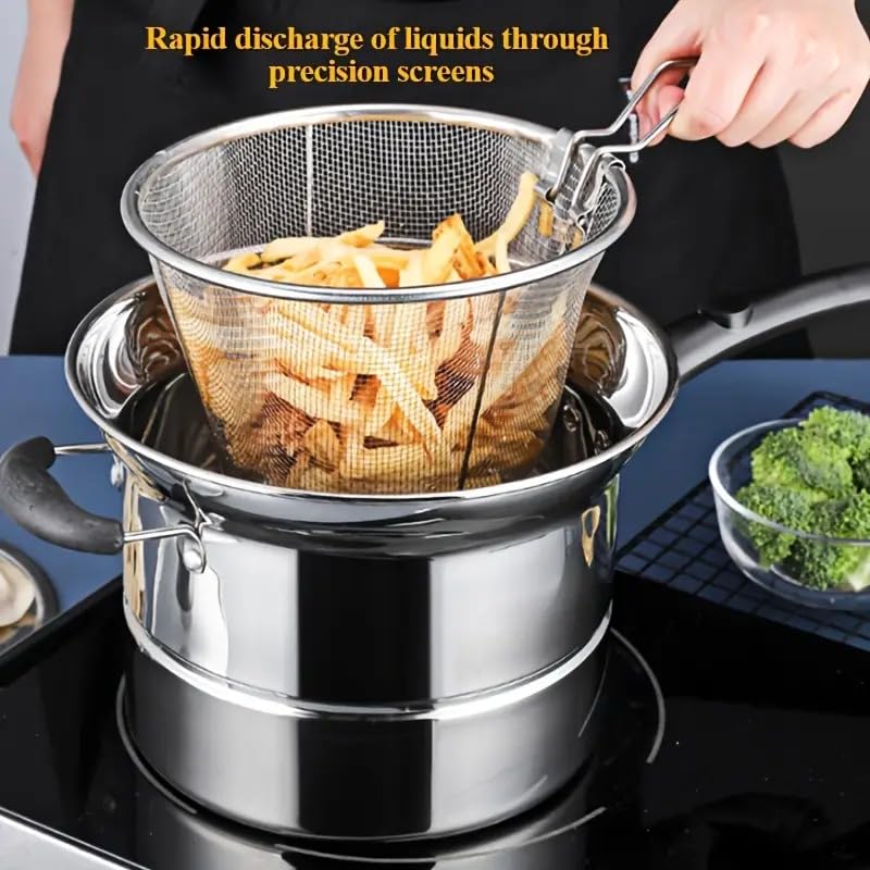 Image of Small Deep Frying Pot with Strainer Basket,1200ml Stainless Steel Pan with Handle,Ideal for Frying French Fries /Chicken Wings /Shrimp /Boiling Butter /Gravies (2 in 1 Frying Pot)