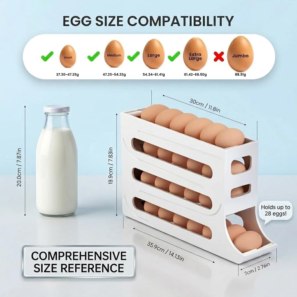 4 Tier Egg Roller Dispenser for Fridge, Automatic Rolling Egg Organizer, Refrigerator Space Saving Egg Storage Container Holder Holds 28 Eggs (Grey)