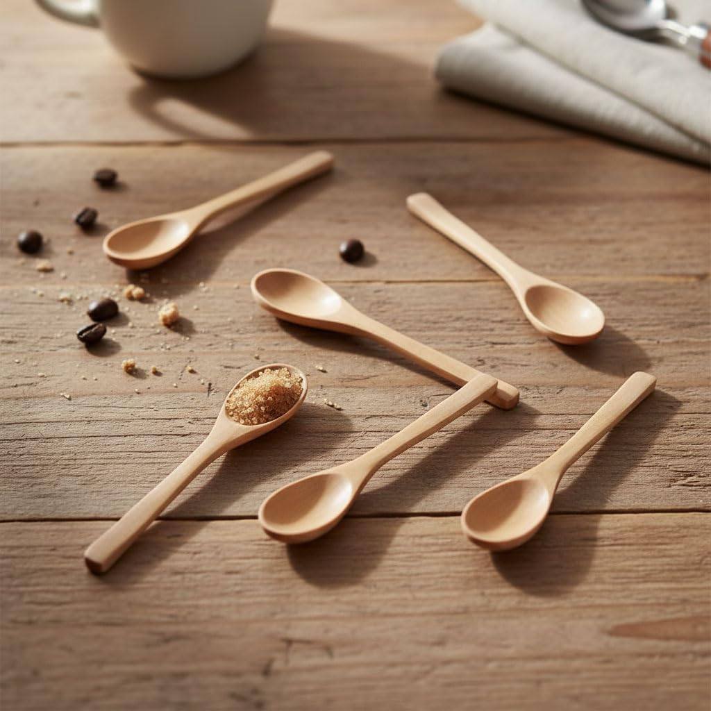 Deconox 6'lı Doğal Ahşap Mini Servis Kaşığı Seti – 16cm Küçük Baharat, Kahve, Çay, Tatlı ve Bal Kaşığı | Çizmez Dekoratif Ahşap Mutfak ve Masaüstü Aksesuarı | Çok Amaçlı Kullanım